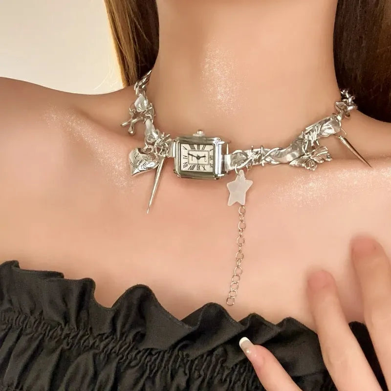 Dark multi-layer cross necklace with twin clavicle chains and adjustable 41-50cm length