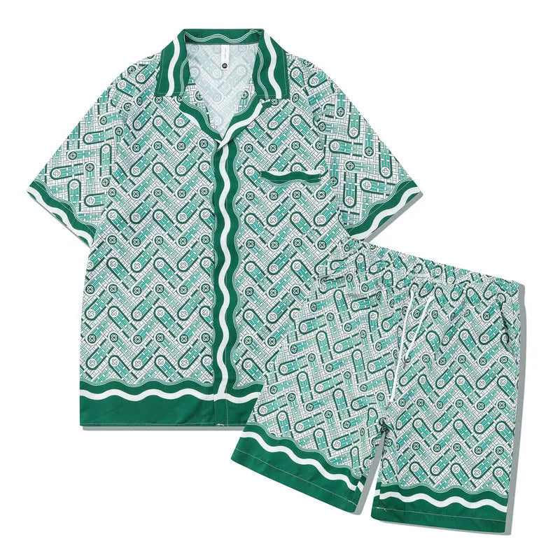 Plaid print beach outfit with short sleeve shirt and matching pants on mannequin