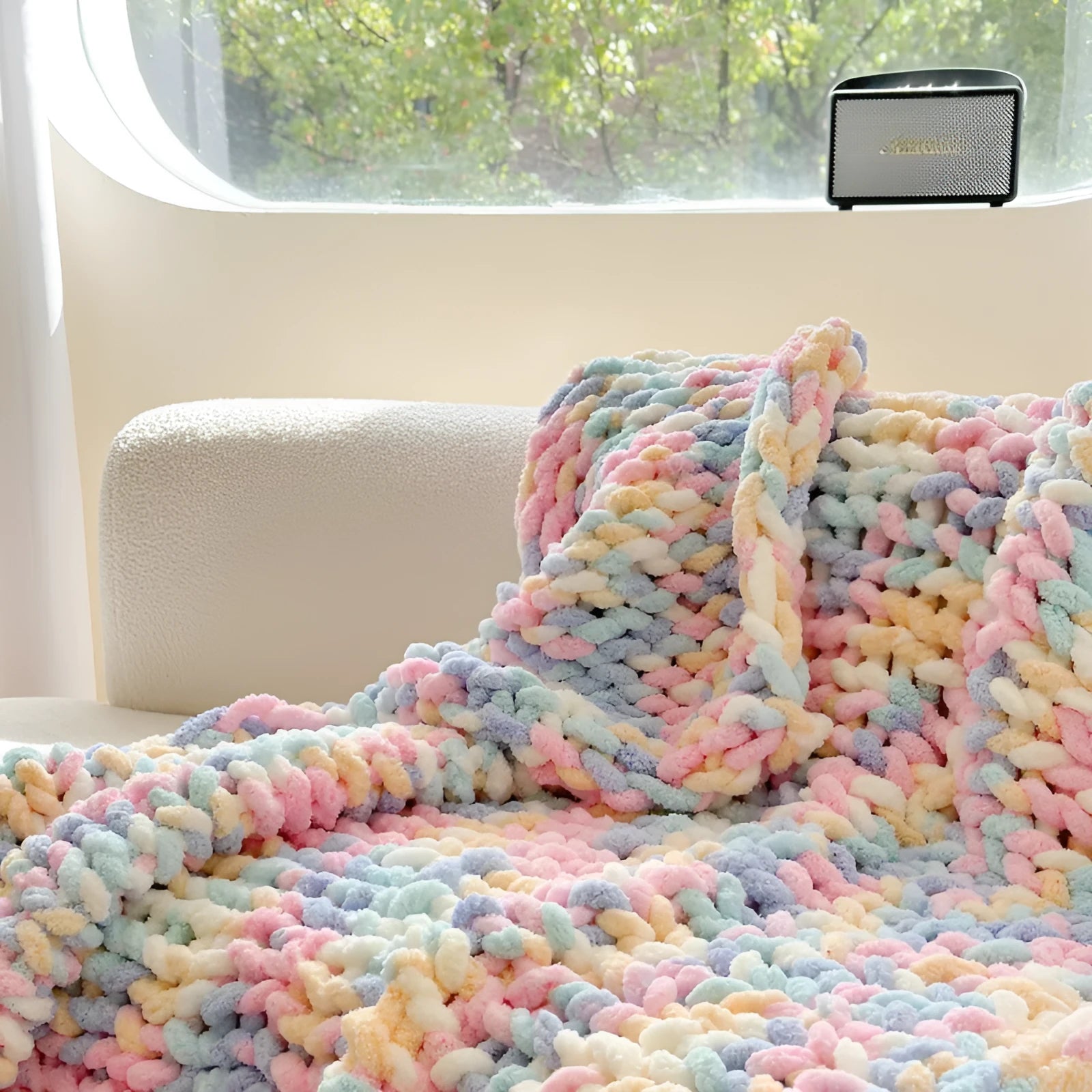Handmade thick chenille blanket with ice bar striped pattern in a choice of colours, shown laid flat.