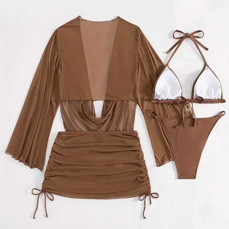 Women's dark brown lace-up bikini swimsuit with brief style and backless design.