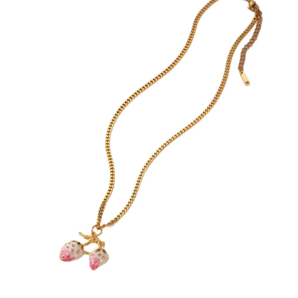 Strawberry fruit pendant necklace in stainless steel with red or white powder gradient finish