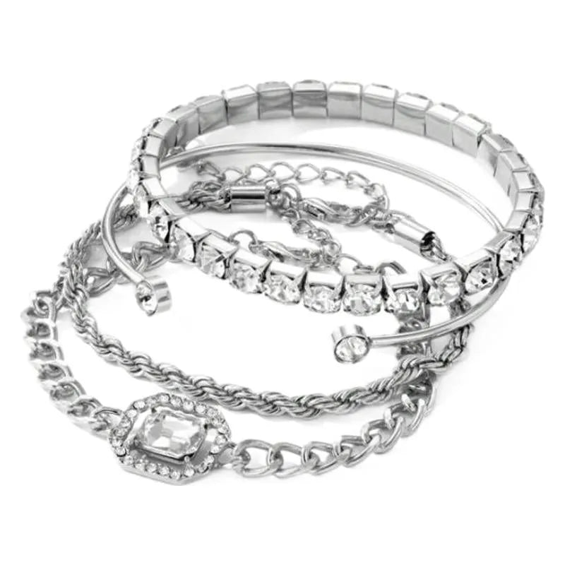 Women's four-piece alloy bracelet set with retro geometric square diamond design in gold or silver colour