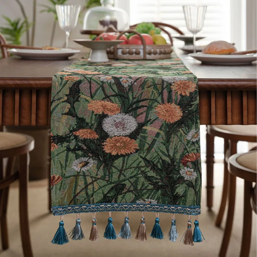 American style jacquard table runner with long tassels and floral pattern for wedding decoration