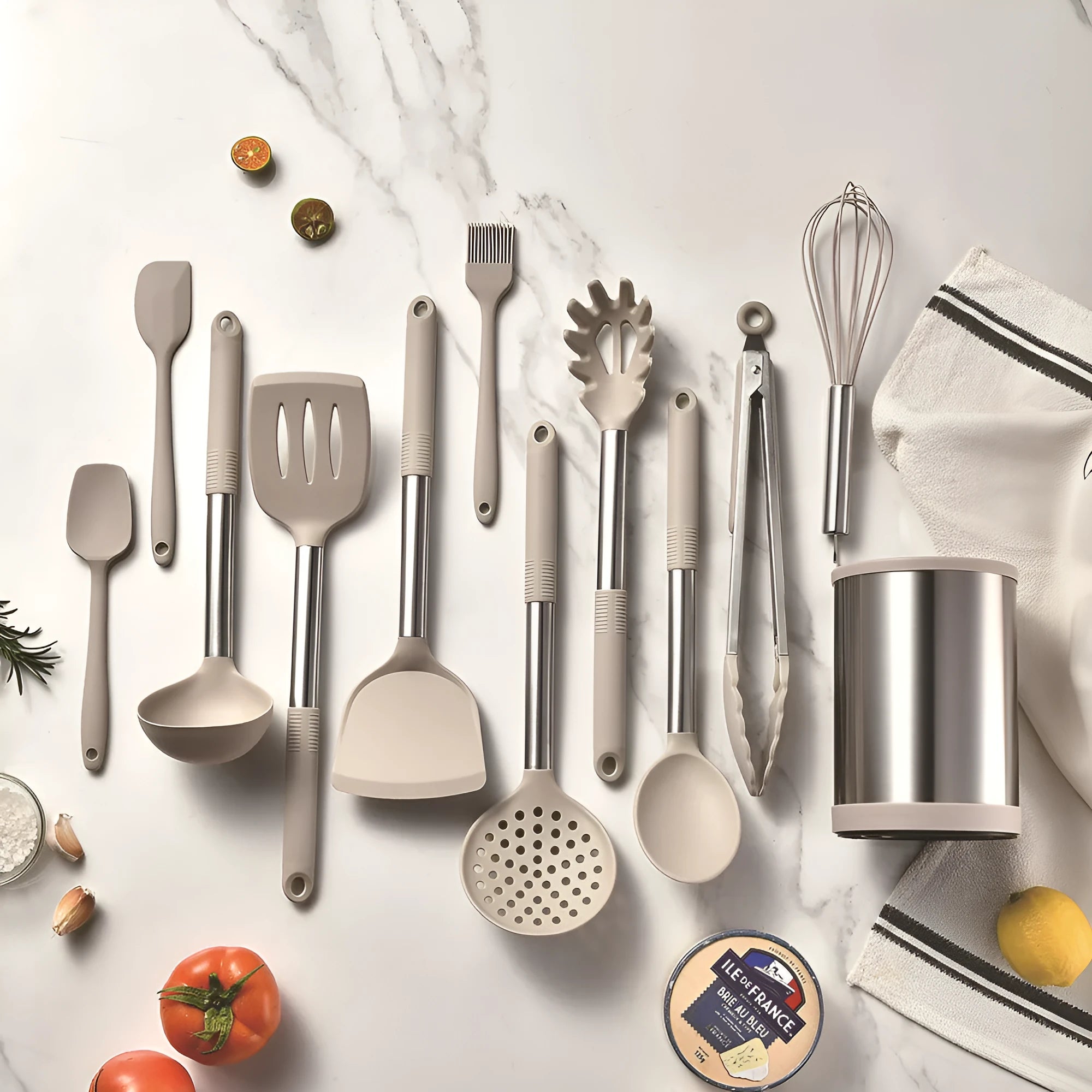 12 piece silicone kitchenware set with rotating storage bucket including spatula, ladle, spoon and cooking utensils