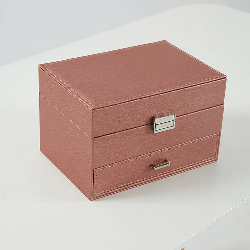 PU leather jewellery storage box in beige colour showing hard case construction and compact dimensions
