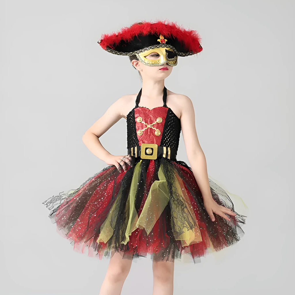 A sleeveless girls' pirate costume dress with black sequin decoration and sheer mesh panels.