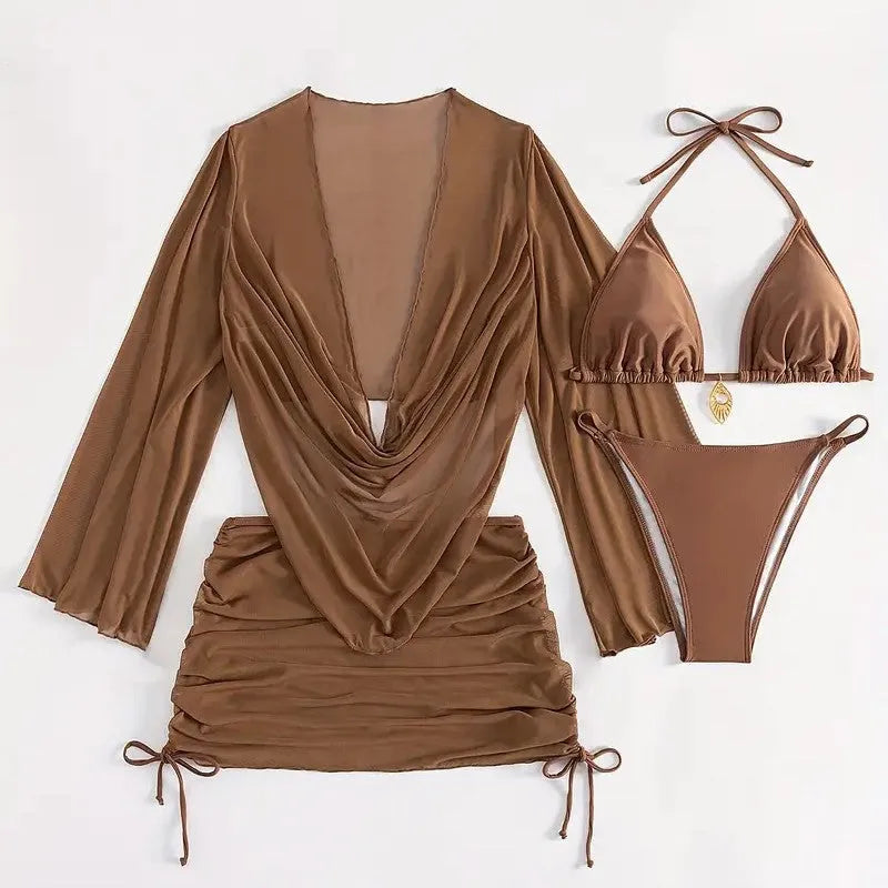 Women's dark brown lace-up bikini swimsuit with brief style and backless design.