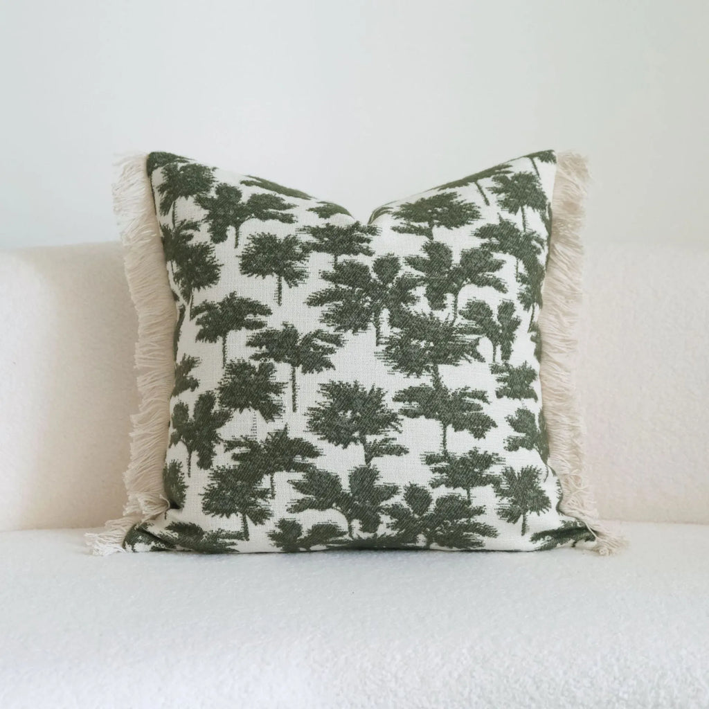 Green cotton and linen hotel sample pillow with silk floss filler in striped and botanical patterns
