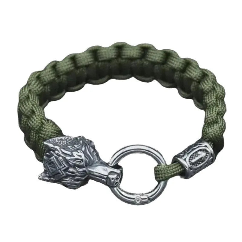 Stainless steel wolf head bracelet with Luen characters in camouflage colour.