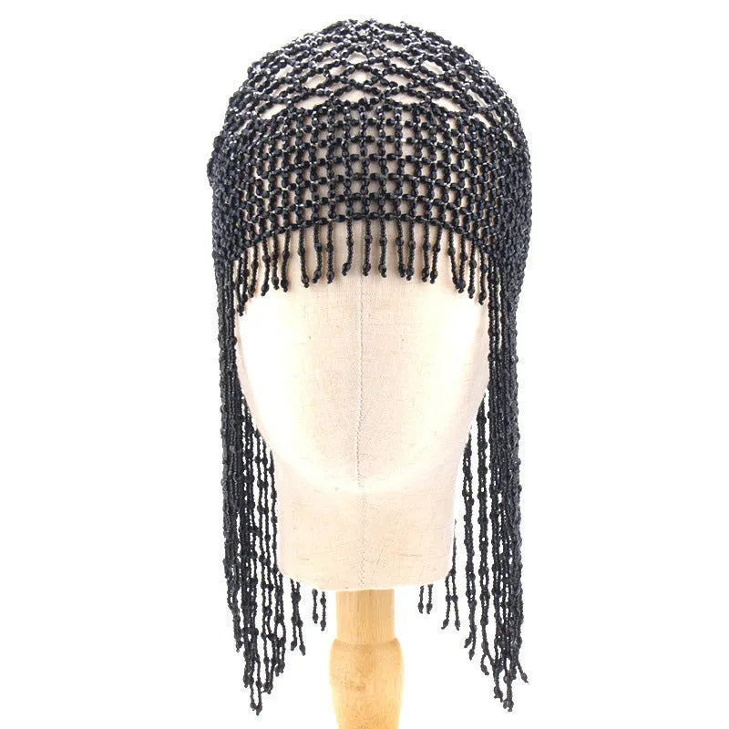 Handmade alloy belly dance hair ornament with mesh tile and tassels in silver or black