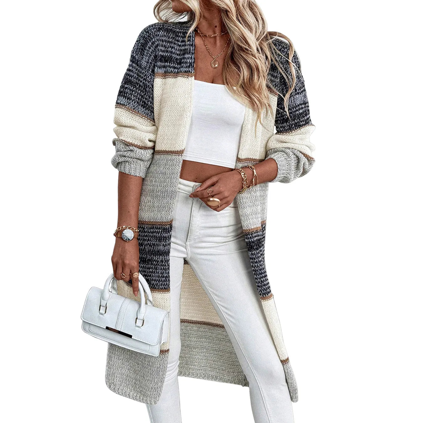 Grey women's loose-fit knitted long cardigan with long sleeves on a hanger.