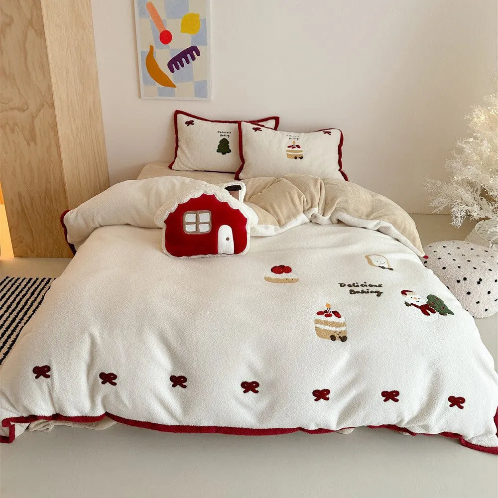 Girls cartoon winter Christmas themed bedding four-piece set showing Snow Buddy Milk Pastry print on duvet cover and pillowcases.