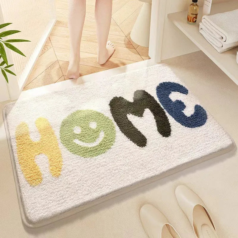 Square rainbow pattern carpet mat in sky sea colour with plastic bottom, shown in 40x60cm and 50x80cm sizes