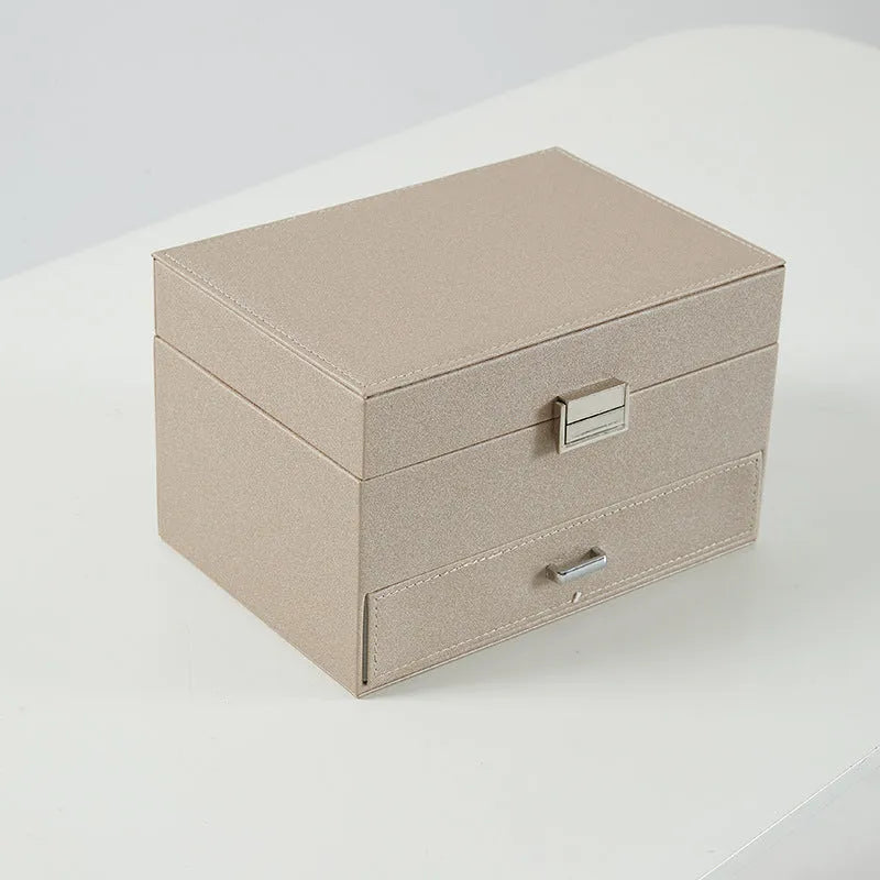 PU leather jewellery storage box in beige colour showing hard case construction and compact dimensions