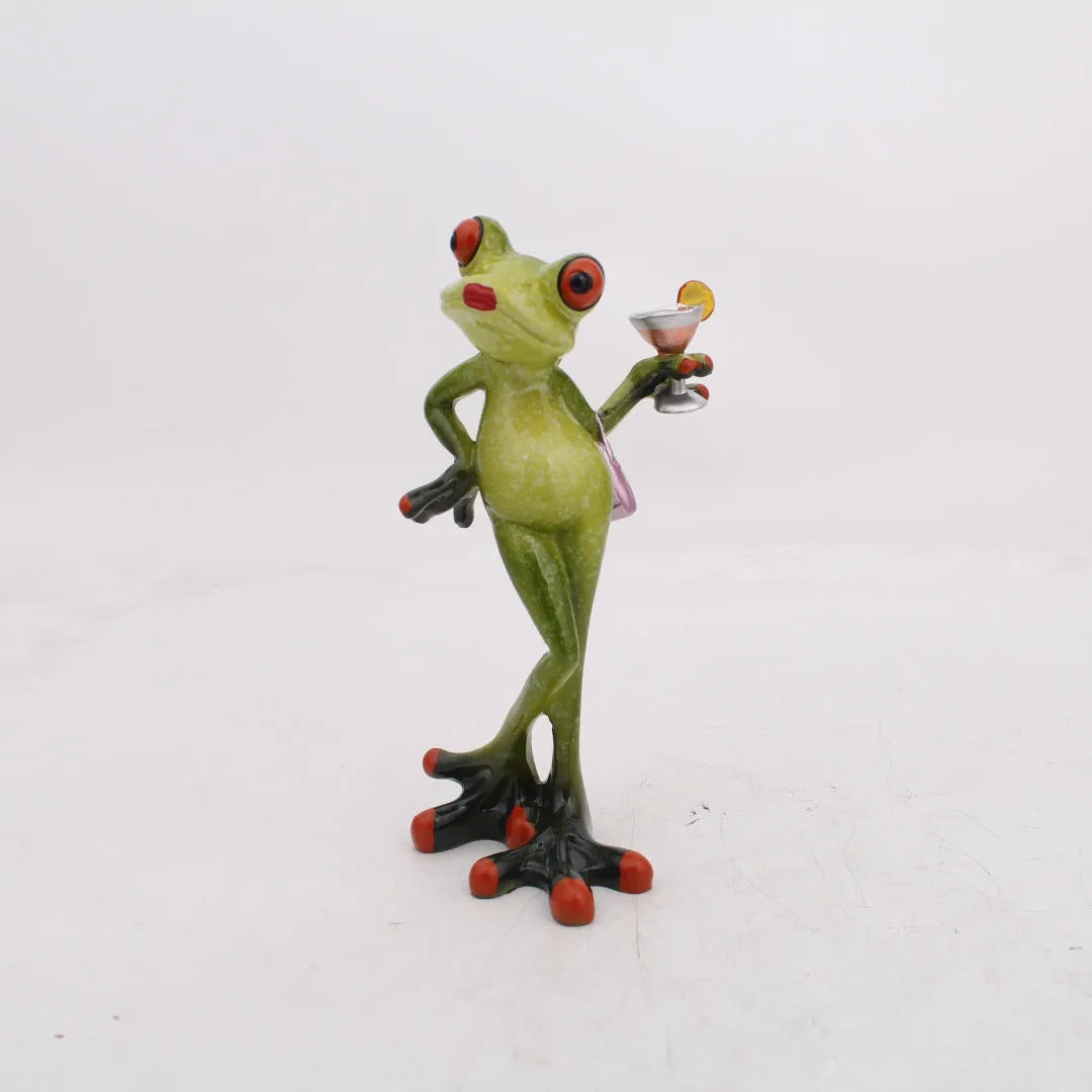 Pastoral style green resin frog decoration figurine on a wooden shelf.