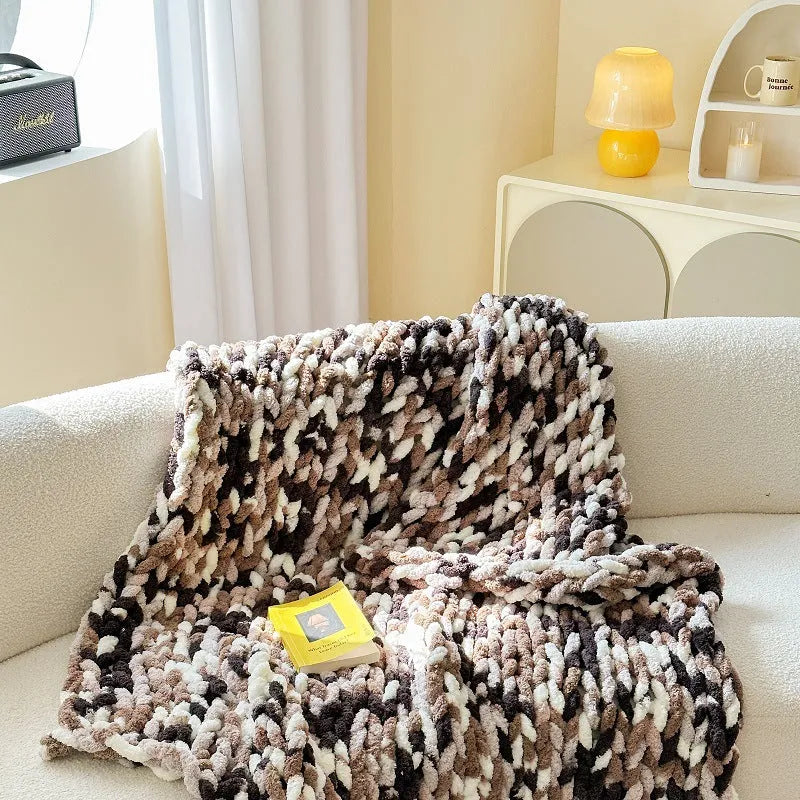Handmade thick chenille blanket with ice bar striped pattern in a choice of colours, shown laid flat.