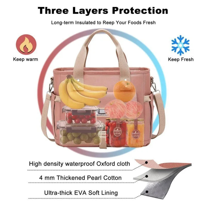 Insulated Oxford cloth picnic bag with removable shoulder strap and side pocket in black, green, or pink.
