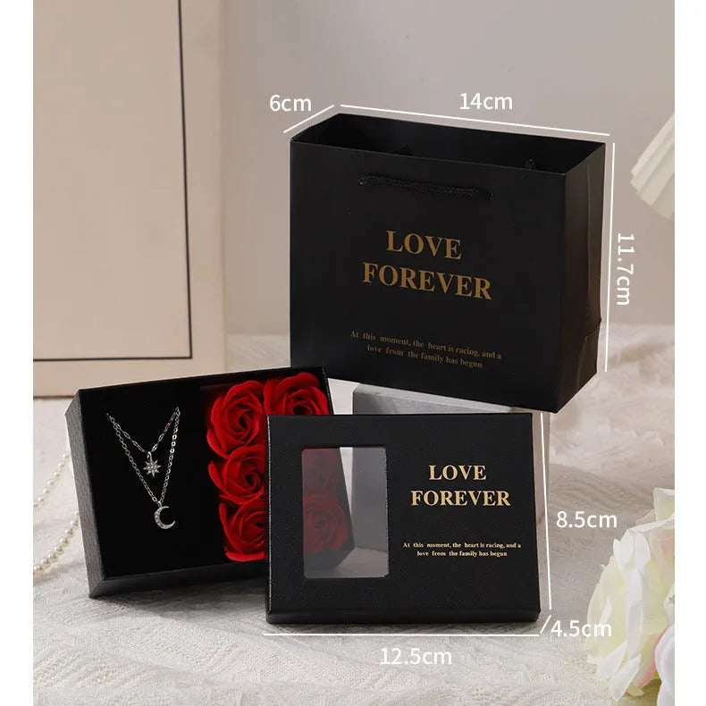 Soap flower gift set with six roses in a red Korean-style box, includes a handbag.