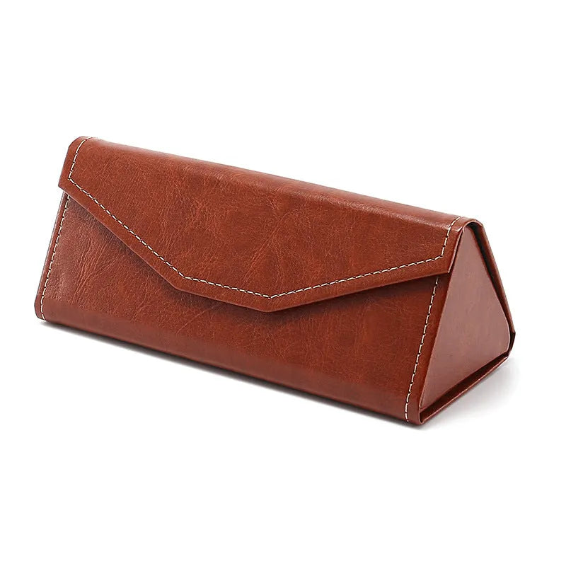 Handmade PU cowhide glasses case in black colour measuring 160x66x16mm for triangle folding frames