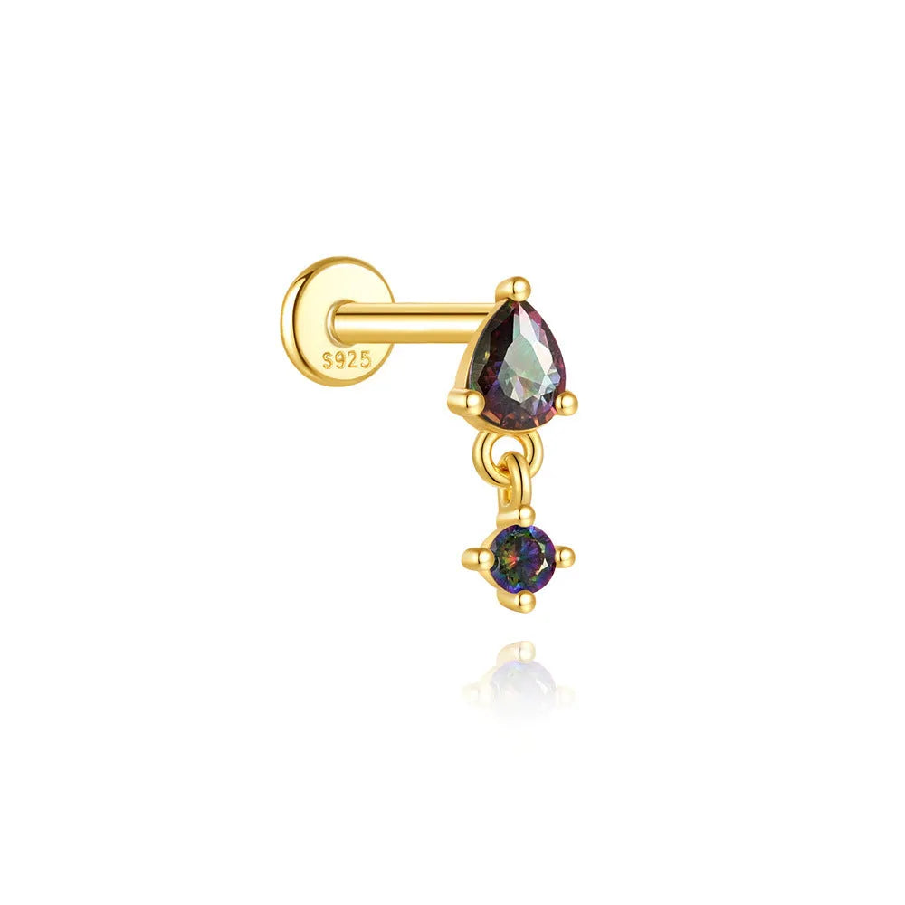 S925 sterling silver geometric earrings with rainbow stone and flat head thread post