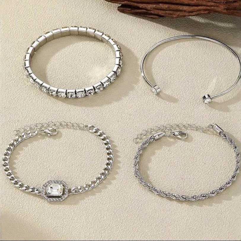 Women's four-piece alloy bracelet set with retro geometric square diamond design in gold or silver colour