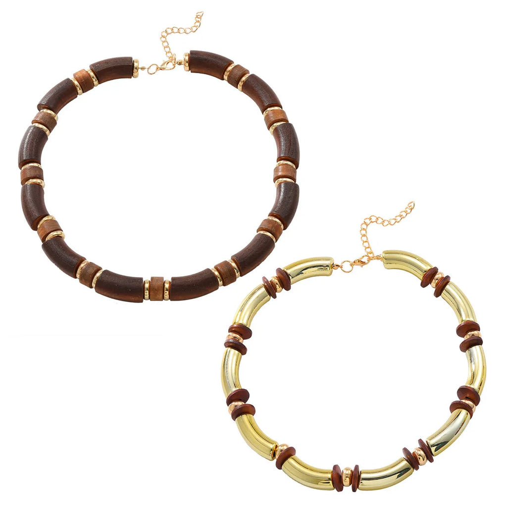 Women's multi-layer wooden necklace and bracelet set with circular alloy pendants
