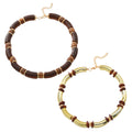 Women's multi-layer wooden necklace and bracelet set with circular alloy pendants