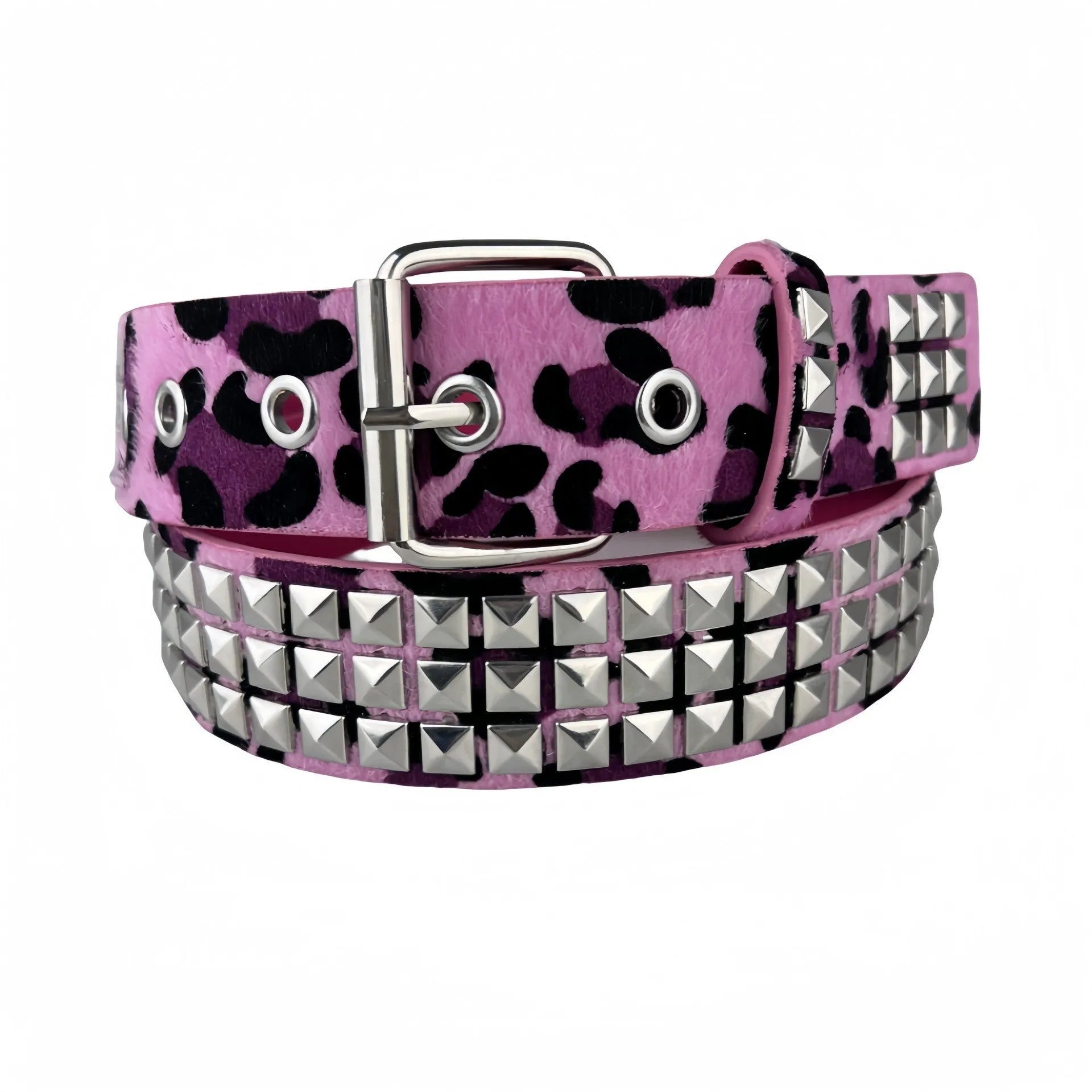 Women's punk fashion belt with metal rivets in leopard print pattern and alloy buckle