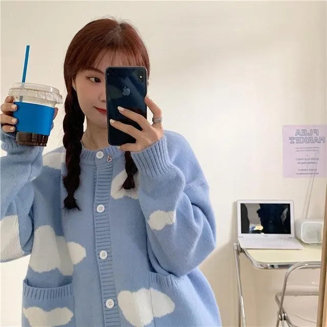 Women's blue cloud pattern cardigan sweater coat with loose fit and long sleeves