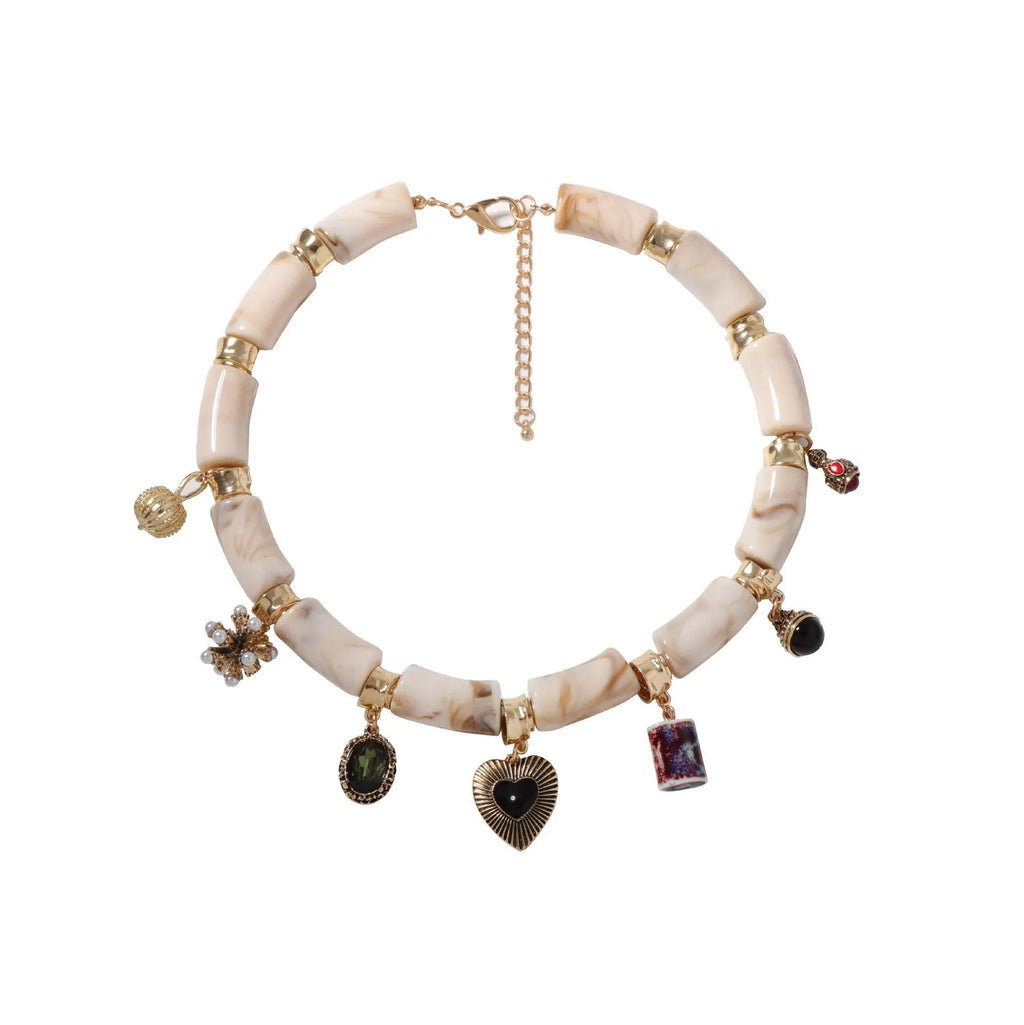 Women's bamboo design resin heart necklace with electroplated finish on adjustable chain