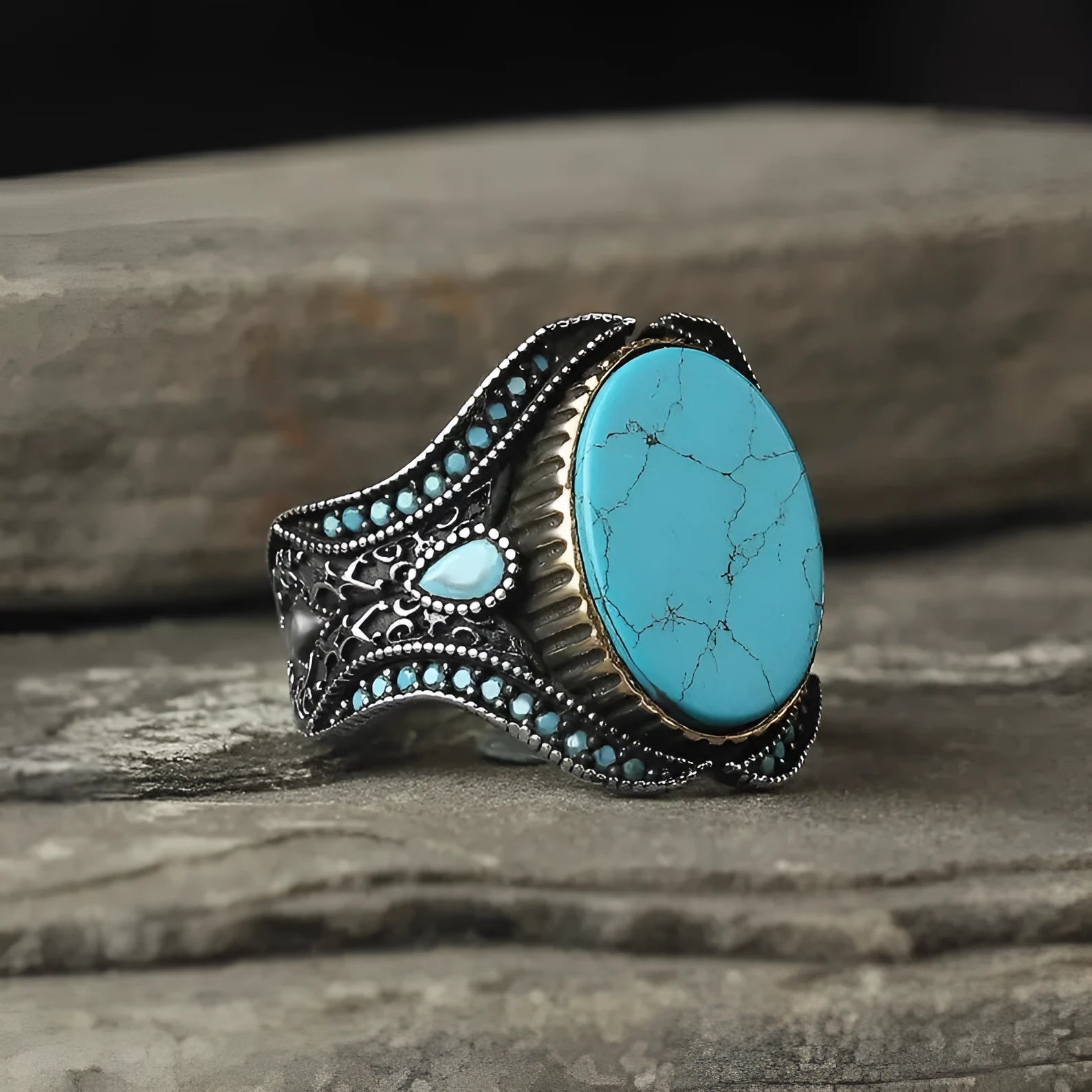 Men's round turquoise alloy ring in antique silver finish on size chart showing UK sizes 6 to 13