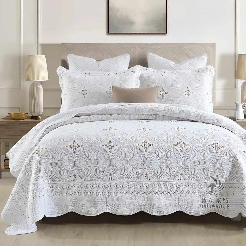 European-style cotton embroidery bed cover three-piece set with embroidered details on pure cotton fabric