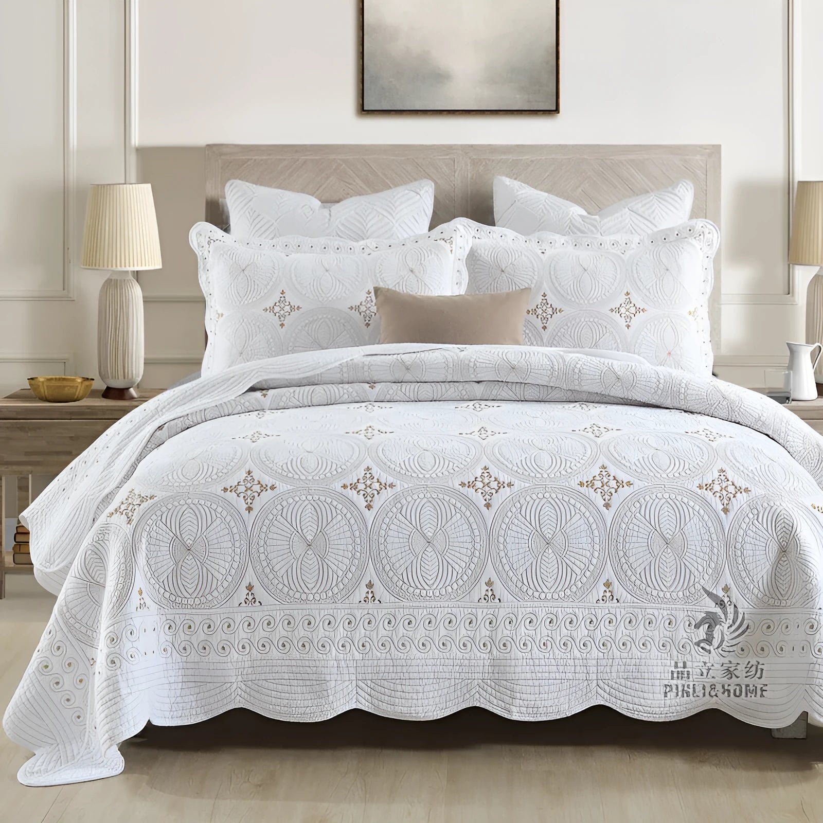 European-style cotton embroidery bed cover three-piece set with embroidered details on pure cotton fabric
