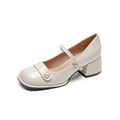 Women's plus size chunky heel pumps in patent leather with square toe and buckle fastening