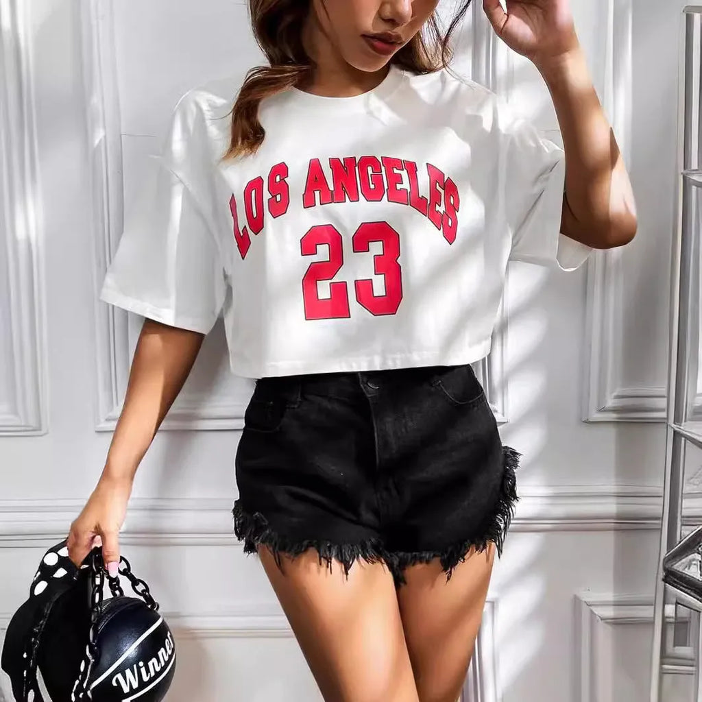 Personalised English letters on black cotton T-shirt with exposed navel design and short sleeves