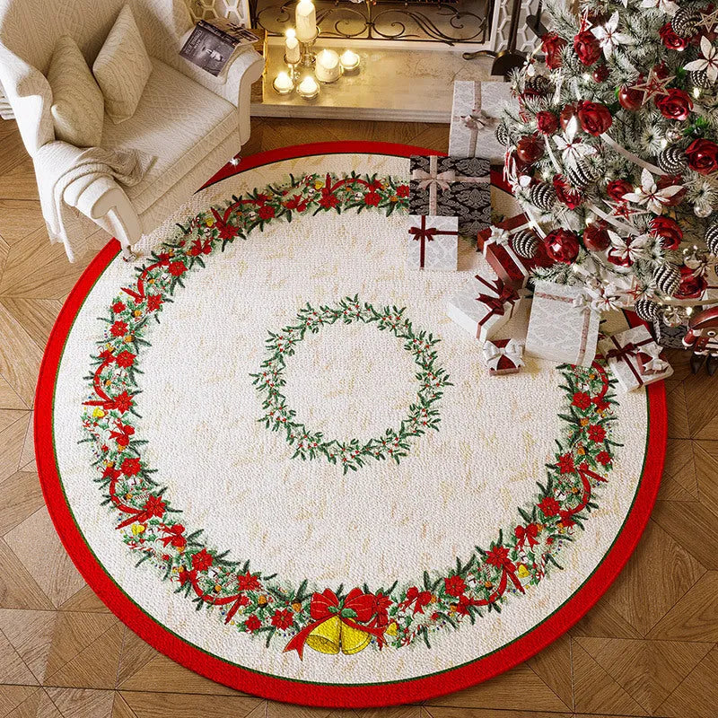 Round red Christmas polyester floor carpet with festive design and non-slip base