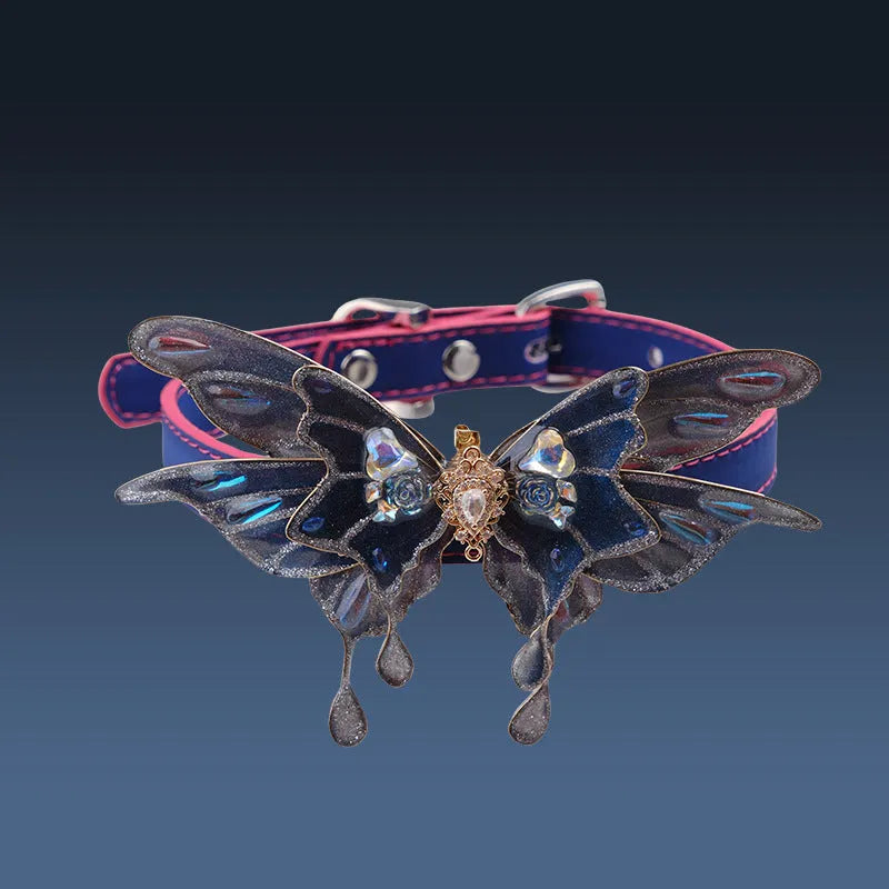Temperature change colour butterfly rhinestone collar with alloy pendant and decorative insect design