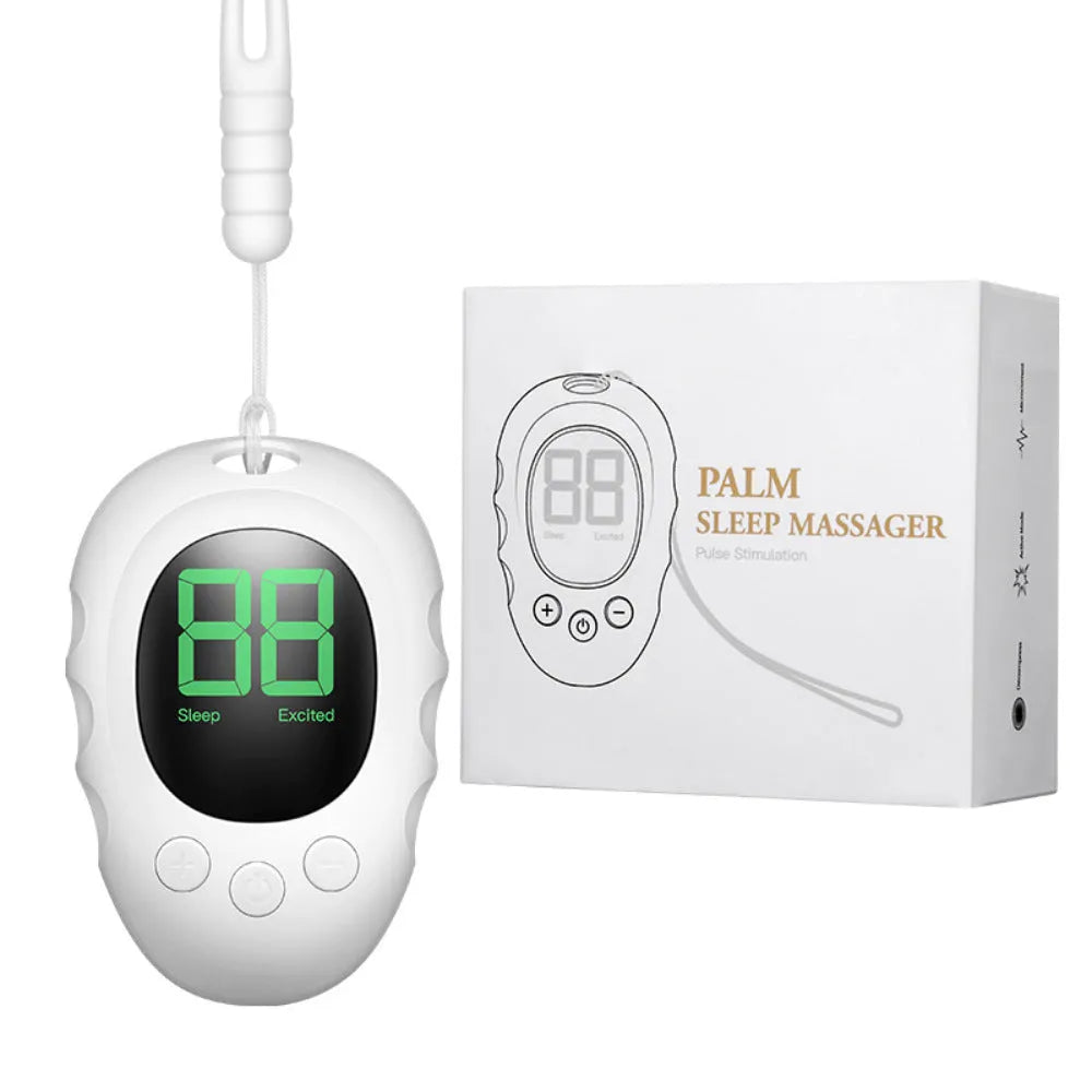 Rechargeable silicone sleep aid hand grip device in black, white, or green colour with USB charging cable.