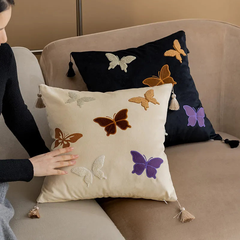 Square butterfly embroidery couch pillow with Chinese pattern in beige, black, or purple