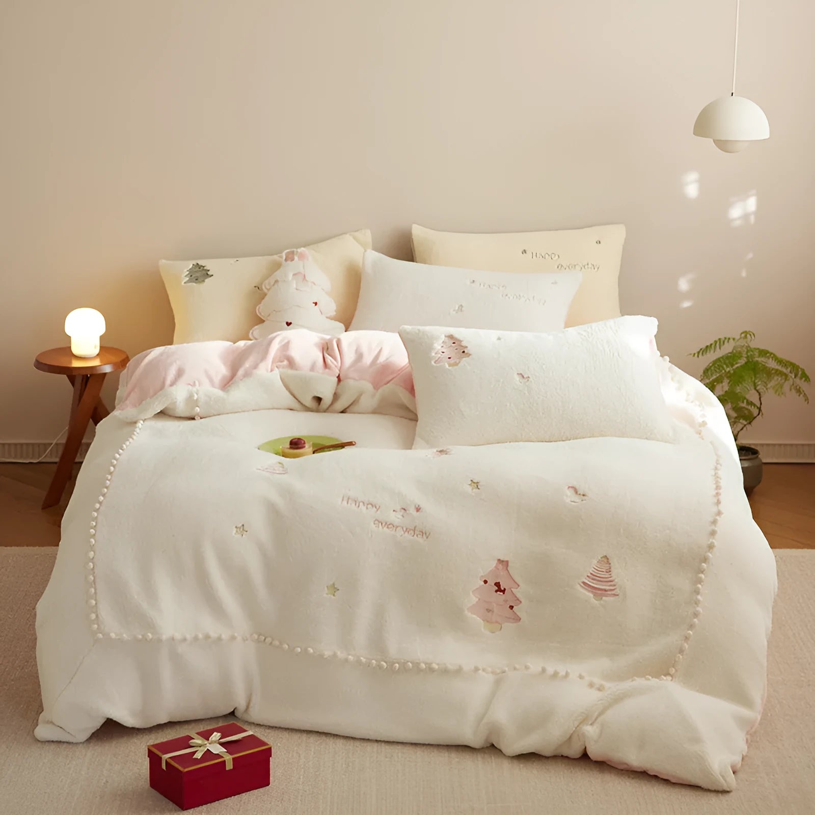 Winter milk fibre bedding four-piece set with Christmas tree pattern on quilt and pillowcases