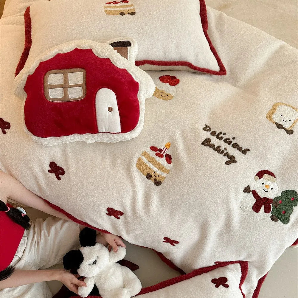 Girls cartoon winter Christmas themed bedding four-piece set showing Snow Buddy Milk Pastry print on duvet cover and pillowcases.
