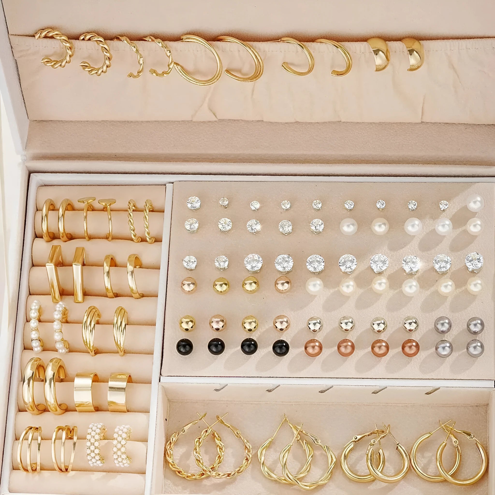 108-piece gold and yellow geometric pearl earring set with round decorative elements