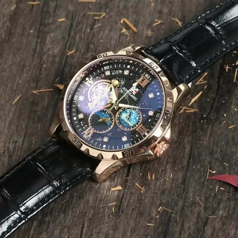 Men's automatic mechanical watch with hollow dial, rose gold case, black leather strap.