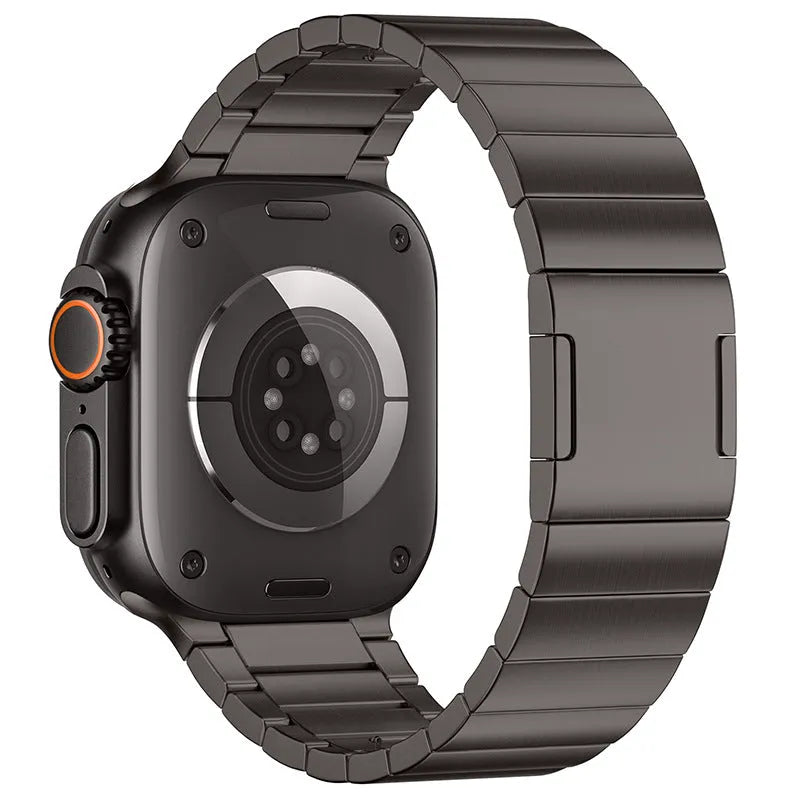 Stainless steel magnetic buckle watch strap for Apple Watch in silver colour showing business style and magnetic clasp