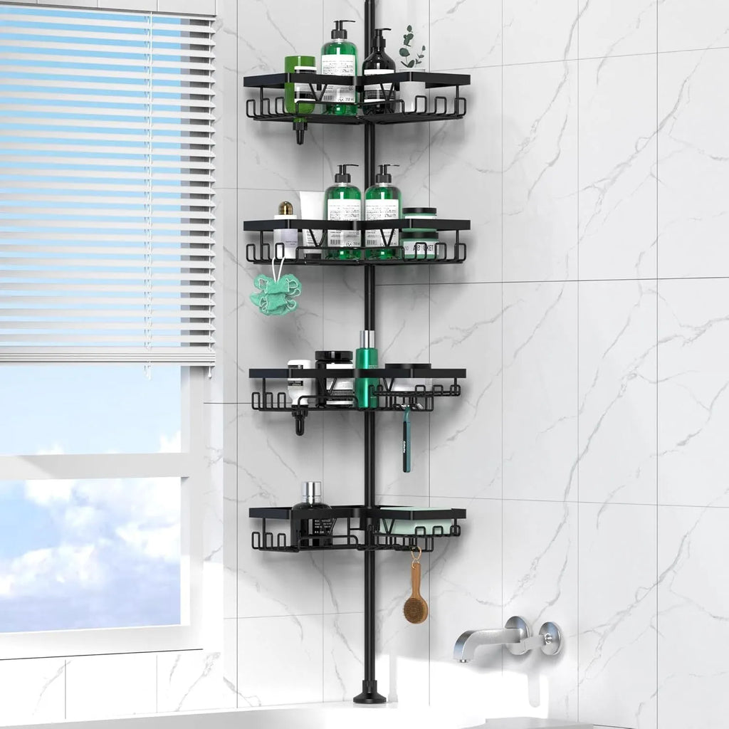Four-layer stainless steel bathroom storage rack with retractable design and hole-free installation
