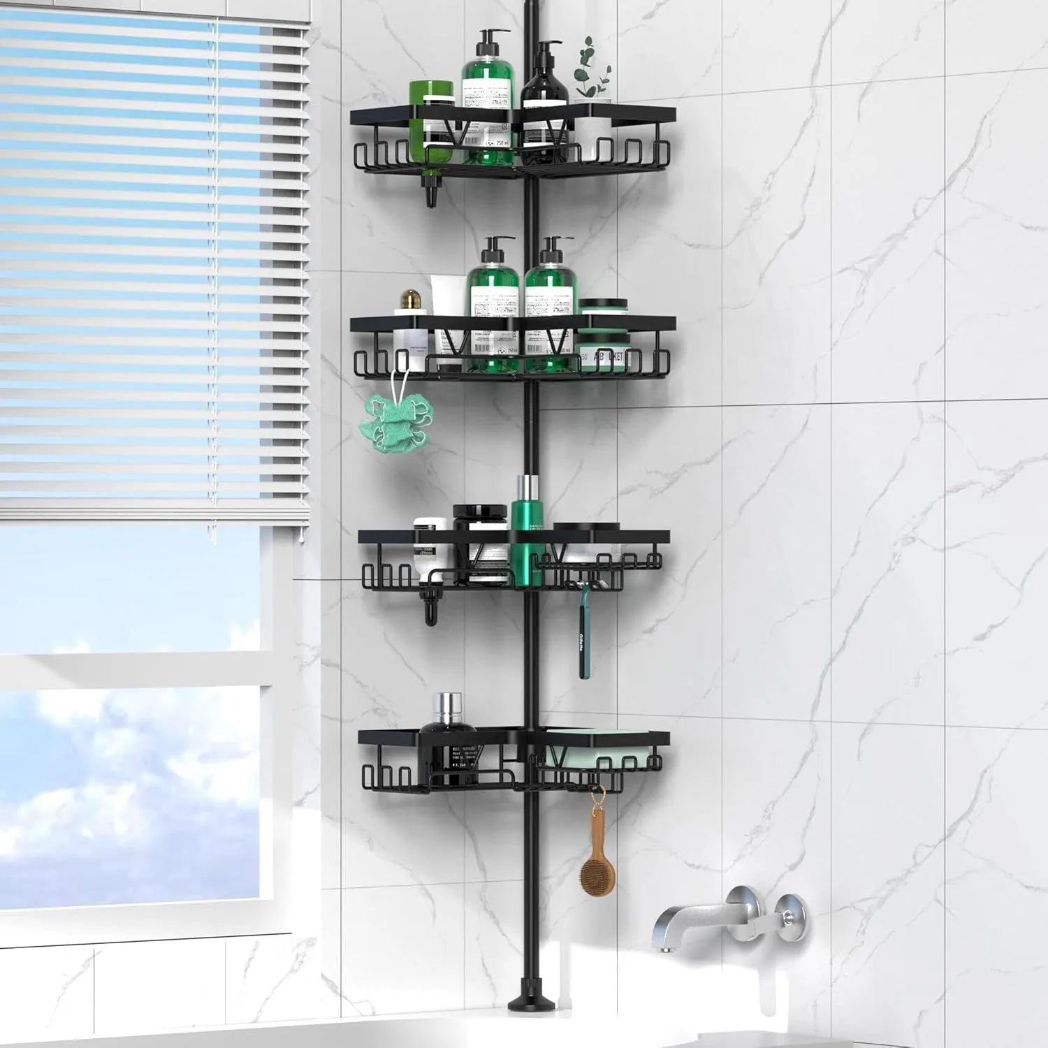 Four-layer stainless steel bathroom storage rack with retractable design and hole-free installation