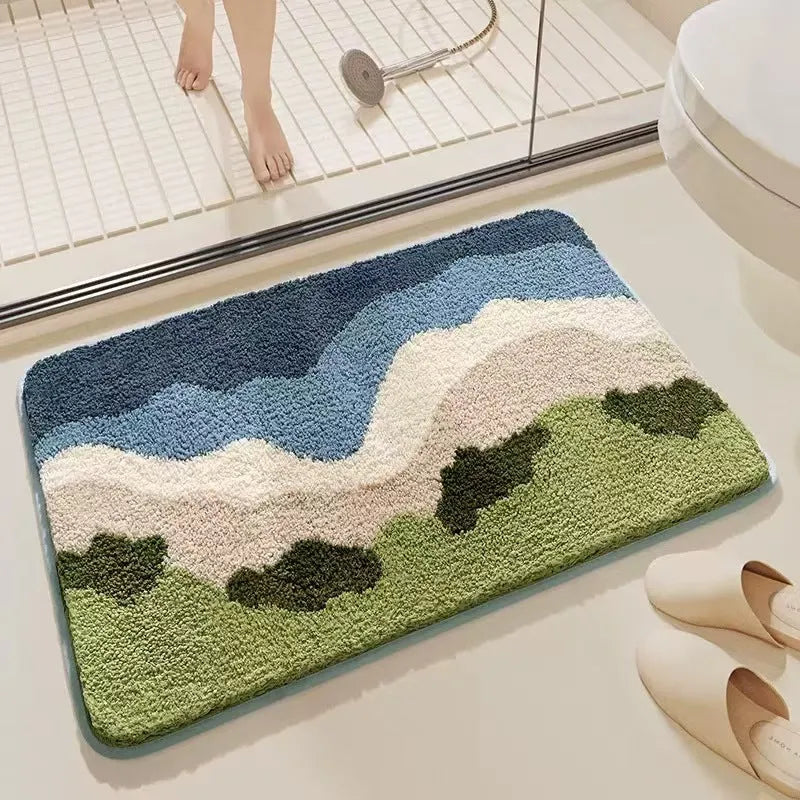 Square rainbow pattern carpet mat in sky sea colour with plastic bottom, shown in 40x60cm and 50x80cm sizes