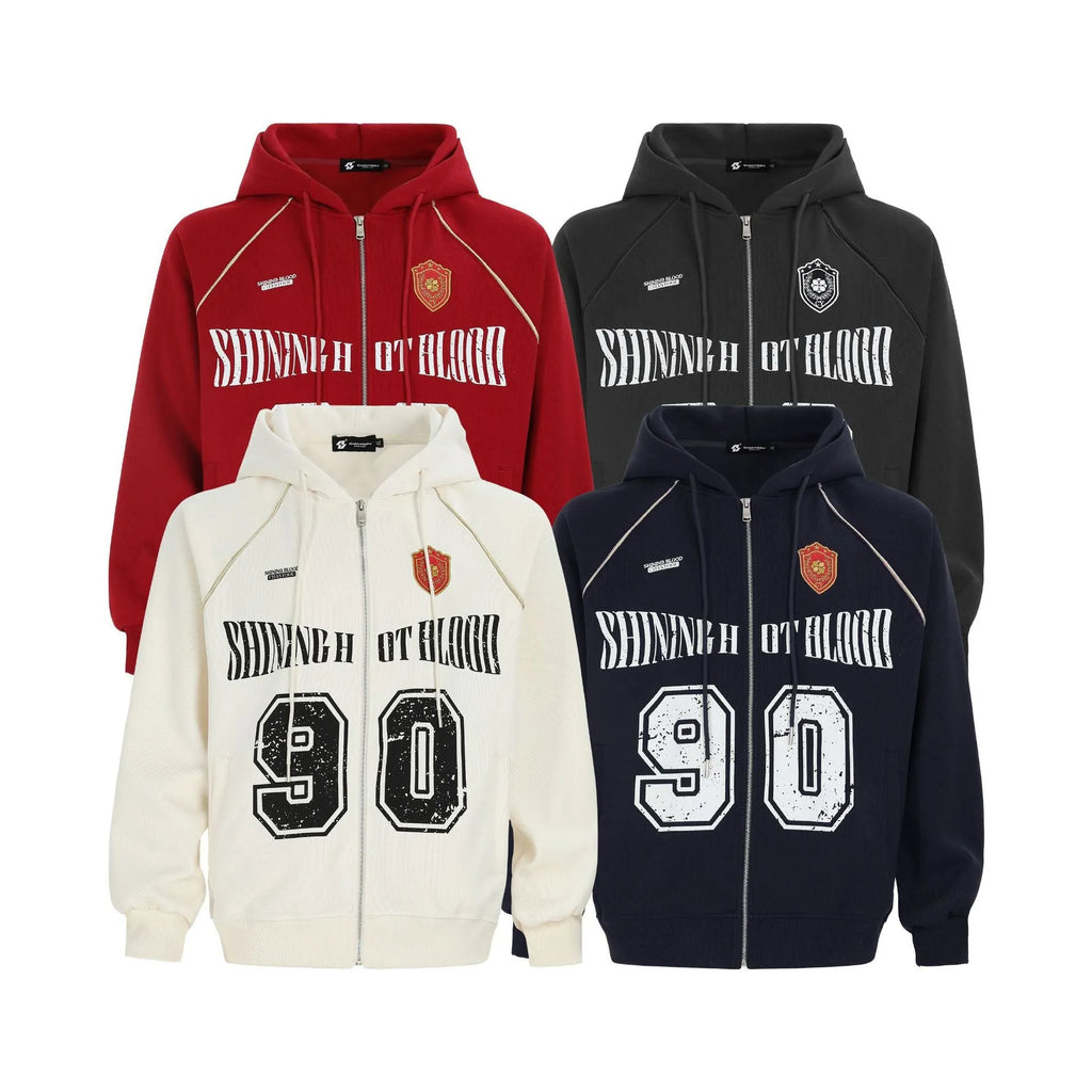 Women's American retro style cotton blend hooded jacket with front letter embroidery in loose cardigan fit