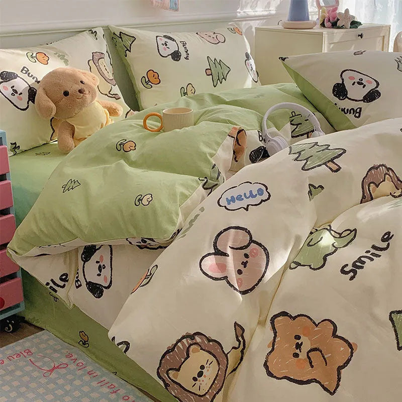 Cartoon dog pattern cotton four-piece bedding set with duvet cover, fitted sheet, and pillowcases