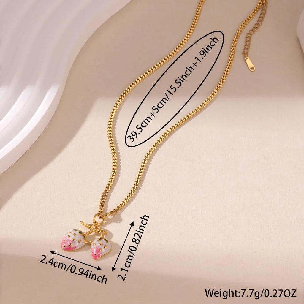 Strawberry fruit pendant necklace in stainless steel with red or white powder gradient finish